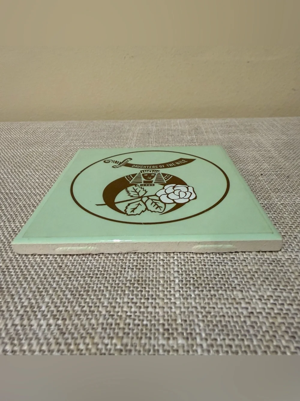 Vintage Daughters of the Nile Masonic Ceramic Trivet Tile Green USA